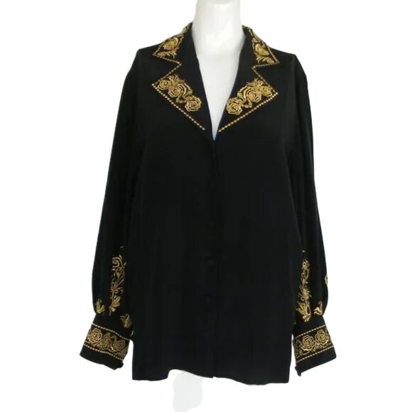 DIANE von FURSTENBERG Silk Blouse, XS, Black, Gold Embroidery, button front - Picture 9 of 10